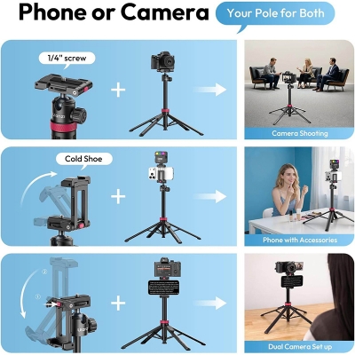 Picture of ULANZI MT-44B Phone Tripod, 59'' Auto Open Phone Stand with Dual Camera Set up, 360° Ball Head, Extendable Selfie Stick w Cold Shoe for Filming/Selfie in Vlog, Family Gatherings, Black Visit the ULANZI Store-Black