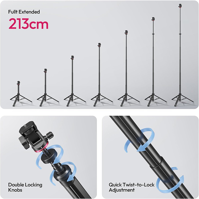 Picture of ULANZI MT-80 Aluminum Tripod Stand, 7FT Extendable Camera Phone Tripod for Travel, Auto Pop-Up, 1/4" Screw, 360 Ball Head Portable Photo Video Light Stand for DSLR Camera, Ring Light, Video Rig-Black