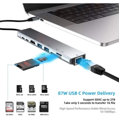 Picture of USB C Hub Docking Station 8 In 1 Type C Hub USB C Dongle With HDMI 4K - Enhance Your Connectivity With This Versatile 8-In-1 USB C Hub - Grey-Grey