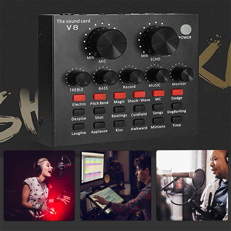 Picture of V8 Multifunctional Live Sound Card USB Audio Interface Intelligent Volume Adjustable Audio Mixer Sound Card-Black