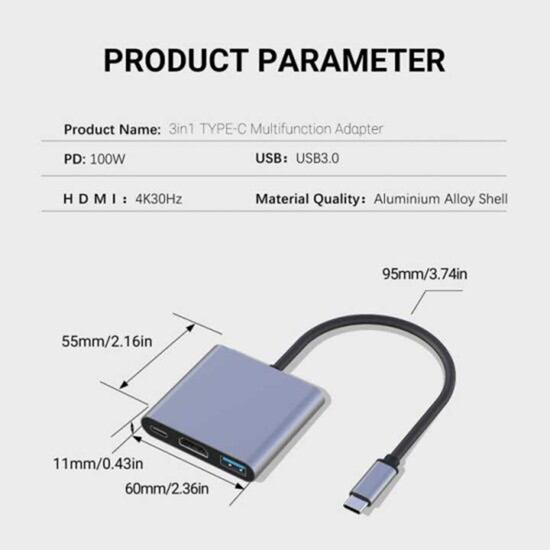 Picture of Type C to HDMI with PD Charging and USB 3.0 Adapter-Grey