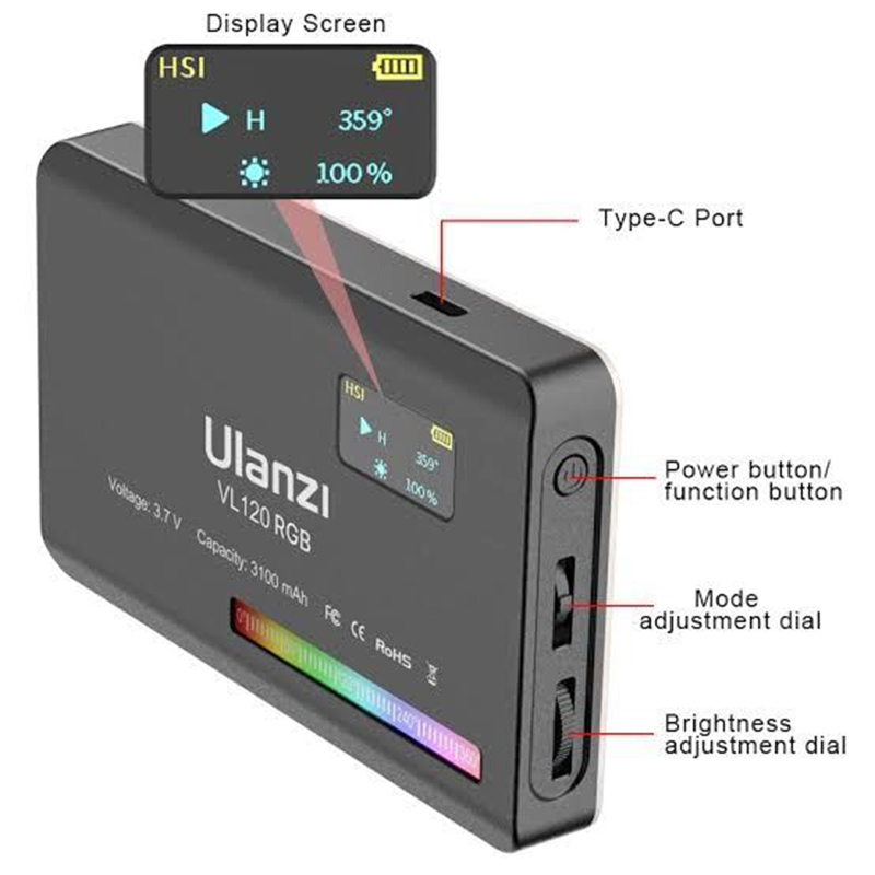 Picture of Ulanzi VL120 RGB Mini LED Video Light 2500K-9000K Photography Fill-In Light Dimmable CRI95+ 20 Lighting Effects Built-in Rechargeable Battery-Black