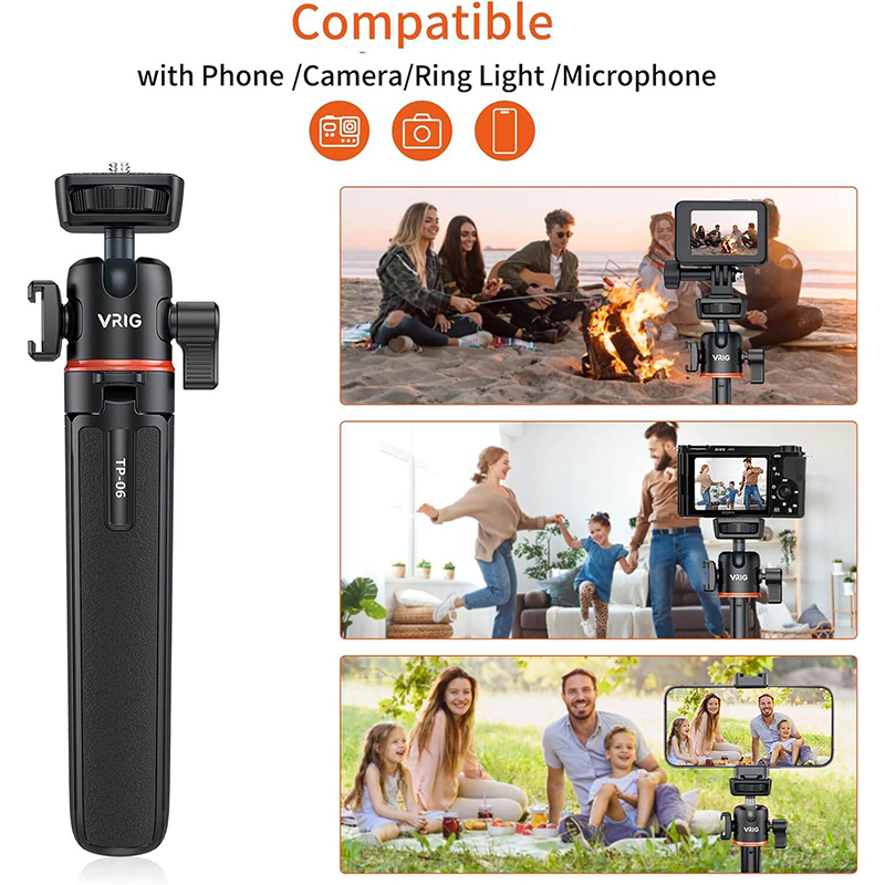 Picture of TP-06 Portable Selfie Stick Tripod Stand Aluminum Alloy with 1/4" Screw Cold Shoe Mount 360° Rotatable Ball Head 55cm/21.6in Max Height 1.5kg Load Capacity for Vlog Live Streaming Selfie Video-Black