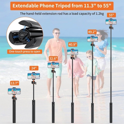 Picture of VRIG TP16 Camera Tripod, 55 inch Extendable Phone Selfie Stick Camera Tripod Stand for iPhone Sony Canon GoPro-Black