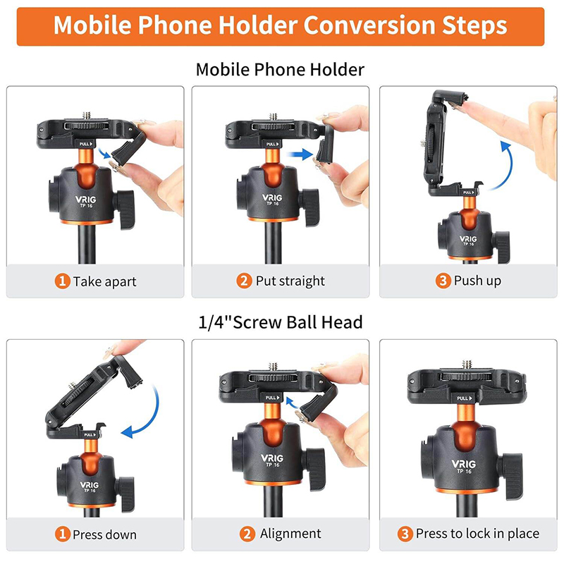 Picture of VRIG TP16 Camera Tripod, 55 inch Extendable Phone Selfie Stick Camera Tripod Stand with 2 in 1 Phone Clip, 5 Levels Adjustment 360° Ball Head-Black