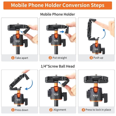 Picture of VRIG TP16 Camera Tripod, 55 inch Extendable Phone Selfie Stick Camera Tripod Stand with 2 in 1 Phone Clip, 5 Levels Adjustment 360° Ball Head-Black