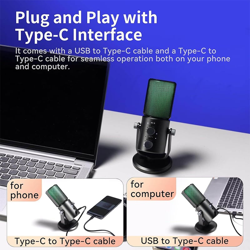 Picture of ULANZI DCM-05 Gaming PC Microphone USB Desktop Condenser Microphone with RGB Light, Mute Button, Headphones Jack, Desktop Stand, Plug & Play, Black-Black