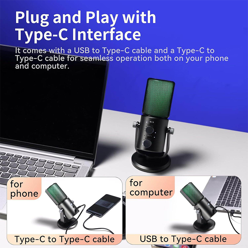 Picture of ULANZI DCM-05 Gaming PC Microphone USB Desktop Condenser Microphone for Podcasting, Phone Computer Streaming Mic with RGB Light, Mute Button, Headphones Jack, Desktop Stand, Plug & Play-Black