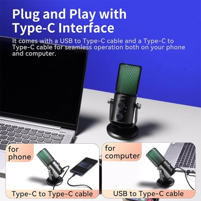 Picture of ULANZI DCM-05 Gaming PC Microphone USB Desktop Condenser Microphone for Podcasting, Phone Computer Streaming Mic with RGB Light, Mute Button, Headphones Jack, Desktop Stand, Plug & Play-Black