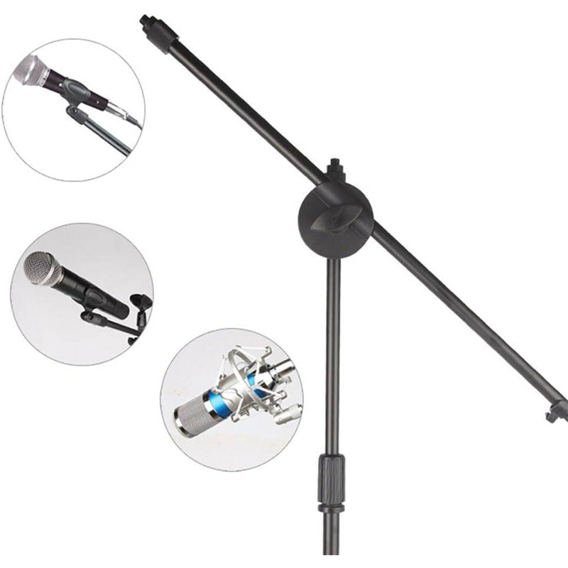 Picture of Tripod Boom Microphone Stand Floor Stand Telescopic Mic Arm Stand with Dual Mic Clip Holder-Black