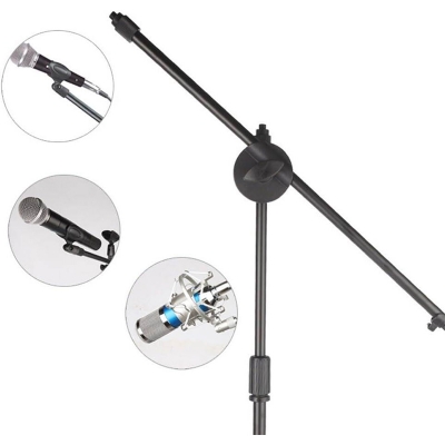 Picture of Tripod Boom Microphone Stand Floor Stand Telescopic Mic Arm Stand with Dual Mic Clip Holder-Black