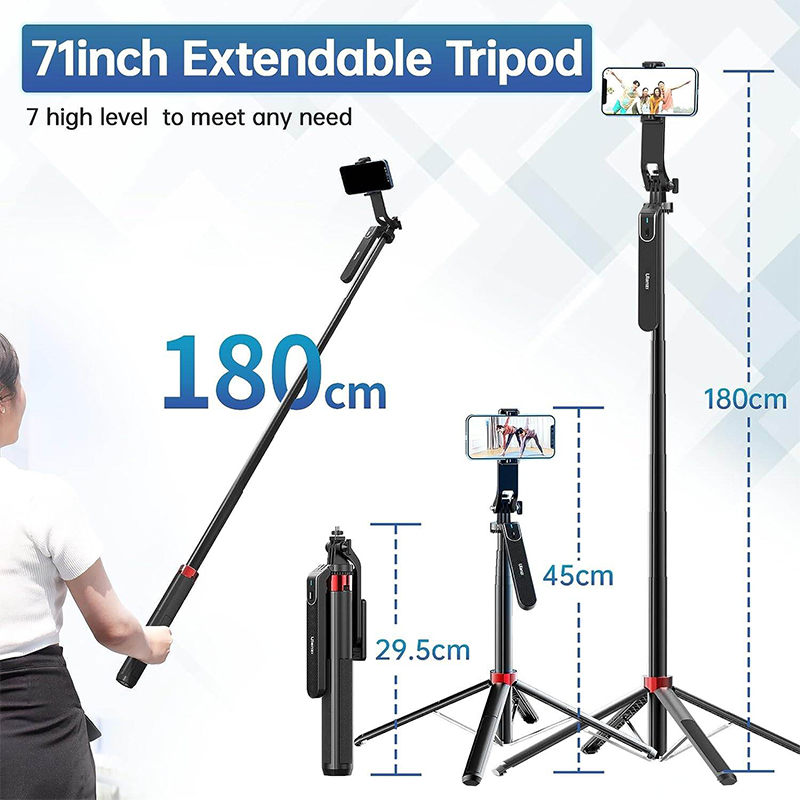 Picture of Ulanzi MA09 Selfie Stick Tripod, 71" Extendable Phone Tripod with Romote, Portable Cellphone Stand Tripod Quadrapod & iPhone Tripod, 3-in-1 Upgraded Travel Tripod for iPhone/Samsung/Camera/GoPro-Multicolor