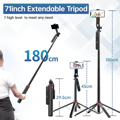 Picture of Ulanzi MA09 Selfie Stick Tripod, 71" Extendable Phone Tripod with Romote, Portable Cellphone Stand Tripod Quadrapod & iPhone Tripod, 3-in-1 Upgraded Travel Tripod for iPhone/Samsung/Camera/GoPro-Multicolor