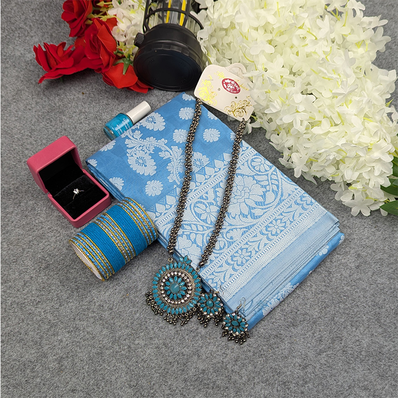 Picture of Premium Silk Katan Saree Combo Set - Sky Blue
