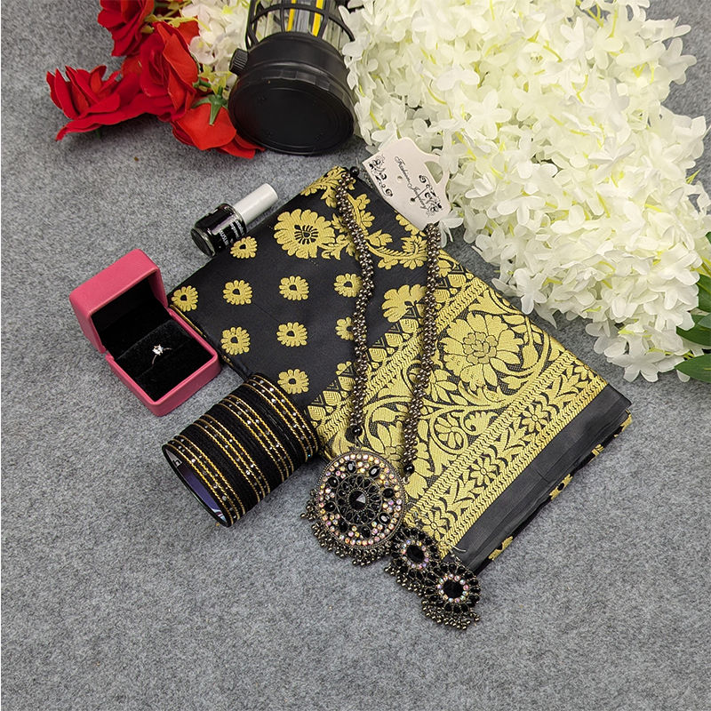 Picture of Premium Silk Katan Saree Combo Set - Black