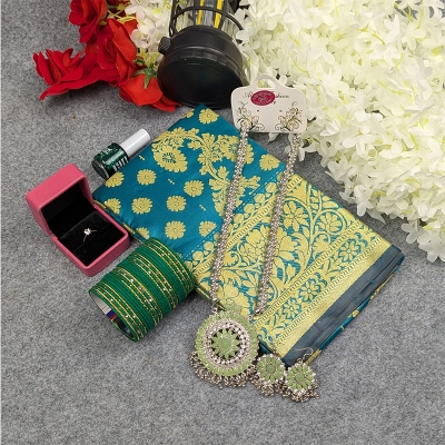 Picture of Premium Silk Katan Saree Combo Set - Ocean Green