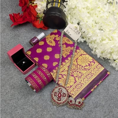 Picture of Premium Silk Katan Saree Combo Set - Purple