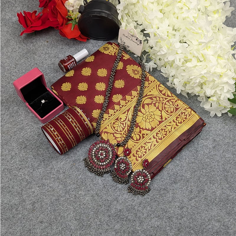 Picture of Premium Silk Katan Saree Combo Set - Maroon