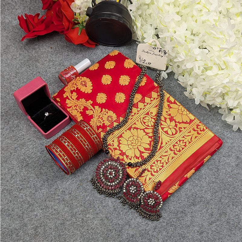 Picture of Premium Silk Katan Saree Combo Set - Red