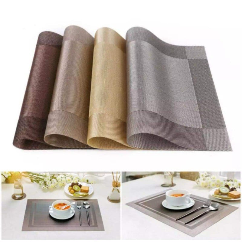 Picture of Placemats Set of 6 for Dining Table Washable PVC Woven Vinyl Placemat Non-Slip Heat Resistant Kitchen Table Mats Easy to Clean (Brown. coffee. gold and silver color) - Multicolor