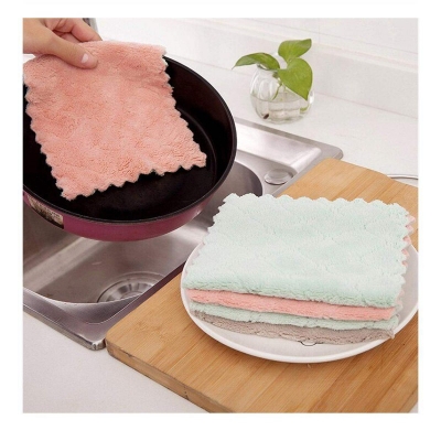 Picture of 5pcs/set Household Kitchen Towels Absorbent Thicker Double-layer Microfiber Wipe Table Kitchen Towel Cleaning Dish Washing Cloth - Multicolor