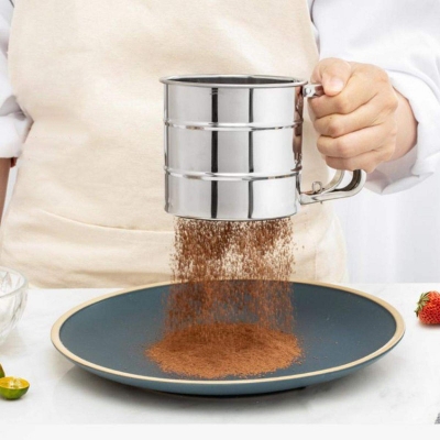 Picture of Stainless Steel Shaker Sieve Cup Powder Mesh Crank Flour Sifter with Measuring Scale for Flour Icing Sugar Silver 