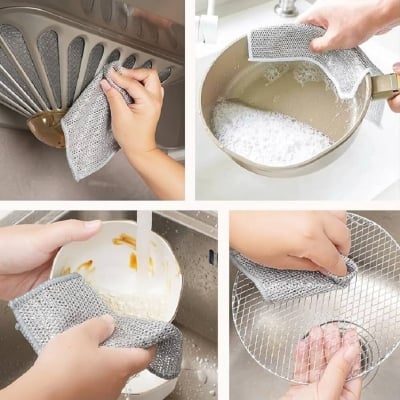 Picture of 2 pcs Silver Cleaning Cloth Magic Dish Towel Reusable Non Stick Oil Dishcloth Pot Strong Rust Removal Steel Wire Towel Silver 