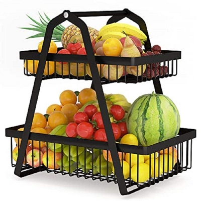 Picture of 2-Tier Countertop Fruit Basket Fruit Bowl Bread Basket Vegetable Holder for Kitchen Storage, Black- 1pcs