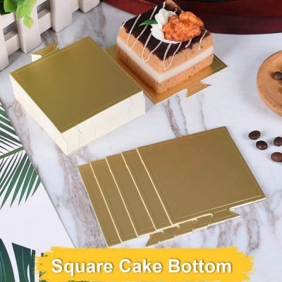 Picture of 200 Pcs 3.54 Inch Mini Cake Boards, Small Square Gold Mousse Cake Cardboard Set,Cupcake Cake Base, Dessert Displays Tray,Disposable Paper Coasters,for Wedding Party Cake Pastry Cup Gold 