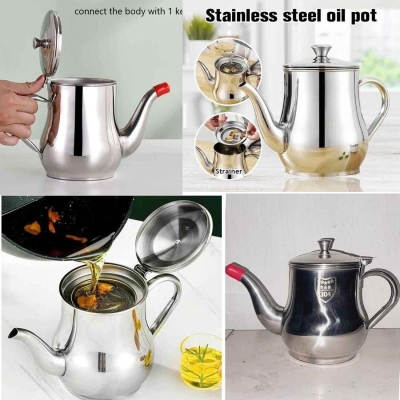Picture of Stainless Steel Oil Pot Or Use As Tea Kettle Strainer Container Jug-500ml Silver 