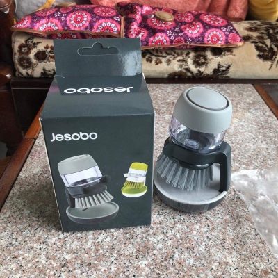 Picture of Soap Dispensing Brush With Holder Kitchen Pan Pot Sink Cleaning Tool (JESOBO) Grey 