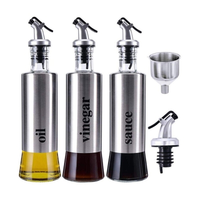 Picture of Oil Dispenser Glass and Stainless Steel Bottle for Kitchen 500ml / 17fl oz (3 Pcs bottle) Multicolor 
