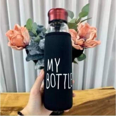 Picture of Crystal Clear Glass Water Bottle With Cover Bag My Bottle- 550ml Multicolor 