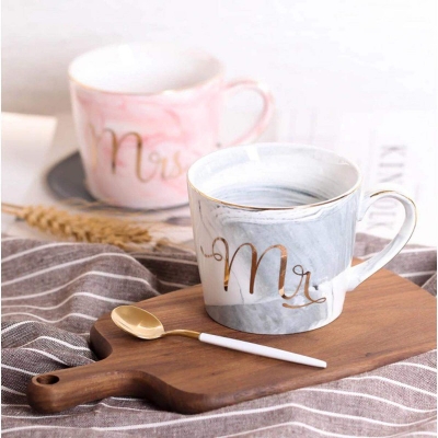 Picture of Coffee Mug Set- Mr And Mrs. Marble Colored Ceramic Mugs, Set Of 2, Elegant, Romantic, Durable, (As a gift For Wedding, Valentines, Love) Color- Grey And Pink 