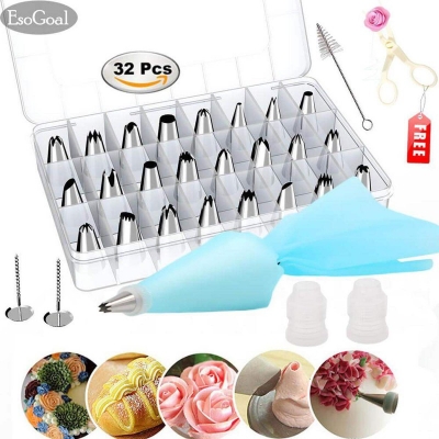 Picture of EsoGoal 32 pcs Cake Decorating Supplies Kit- 24 Stainless Steel Icing and a Reusable Pastry Bag and 2 Coupler Cake Brush, Cutter and Flower Lifter