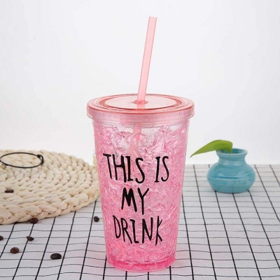 Picture of Mug with Lid and Straw, Double Wall Acrylic Travel Mug, Reusable Water Cup, No Ice Needed for Iced Drink- 1 ps Pink 