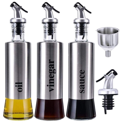 Picture of Oil Dispenser Glass and Stainless Steel Bottle for Kitchen 300ml / 17fl oz (3 Pcs bottle) Multicolor 