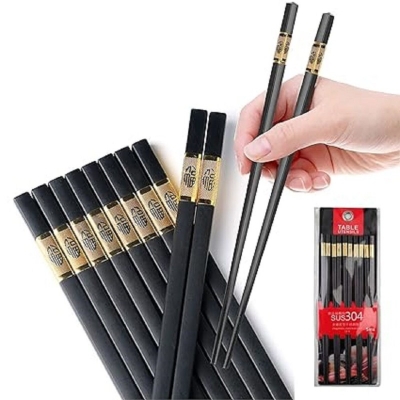 Picture of 5 pairs of household alloy chopsticks-durable and high temperature resistant, no odor, reusable 9.25 inch alloy chopsticks and tableware gift set Black 