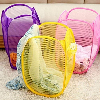 Picture of Foldable Mesh Clothes Washing Laundry Basket Bag Bin Hamper Storage Home- 1 Pcs Multicolor 