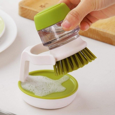 Picture of Soap Dispensing Brush With Holder Kitchen Pan Pot Sink Cleaning Tool (JESOBO) Green 