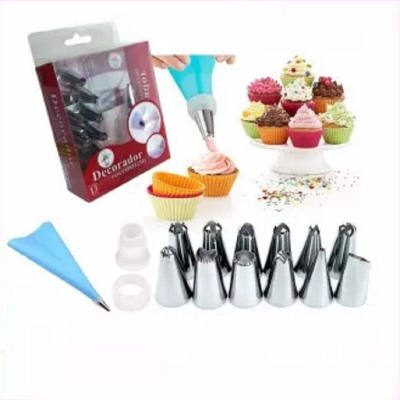 Picture of 12 Piece Cake Decorating Set Frosting Icing Piping Bag Tips with Steel Nozzles Reusable & Washable Silver 