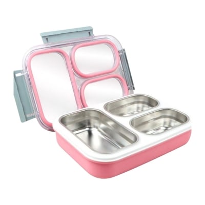 Picture of Stainless Steel Tiffin Lunch Box with 3 Removable CompartmentLeak Proof BPA-free 1.2 Liter (Pink)