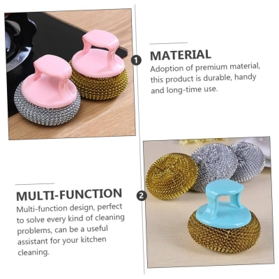 Picture of Kitchen Cleaning Brush Household Stainless Steel Wire Ball With Removable Handle Dish Washer- 2 Pcs Multicolor 