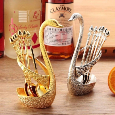 Picture of Stainless Steel Swan Shaped Tea Spoon Holder with 6 Spoons - Gold