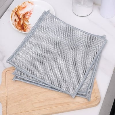 Picture of 2 pcs Silver Cleaning Cloth Magic Dish Towel Reusable Non Stick Oil Dishcloth Pot Strong Rust Removal Steel Wire Towel Silver 