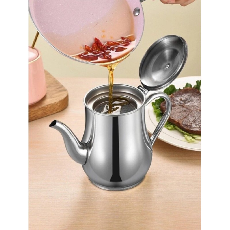 Picture of Stainless Steel Oil Pot Or Use As Tea Kettle Strainer Container Jug-500ml Silver 