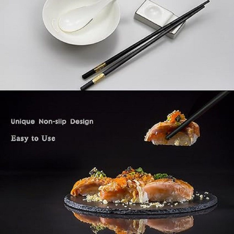 Picture of 5 pairs of household alloy chopsticks-durable and high temperature resistant, no odor, reusable 9.25 inch alloy chopsticks and tableware gift set Black 