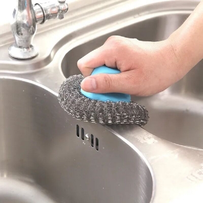 Picture of Kitchen Cleaning Brush Household Stainless Steel Wire Ball With Removable Handle Dish Washer- 2 Pcs Multicolor 