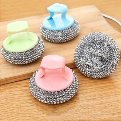 Picture of Kitchen Cleaning Brush Household Stainless Steel Wire Ball With Removable Handle Dish Washer- 2 Pcs Multicolor 
