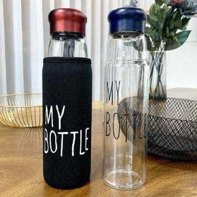 Picture of Glass water bottle, portable, sporty, transparent with cover 650ml Multicolor 